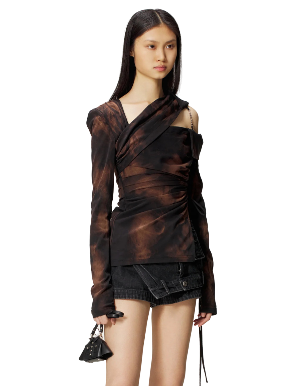 Size S | Marrknull Brown and Black Tie-Dye Crossover Cut-Out Asymmetrical Top