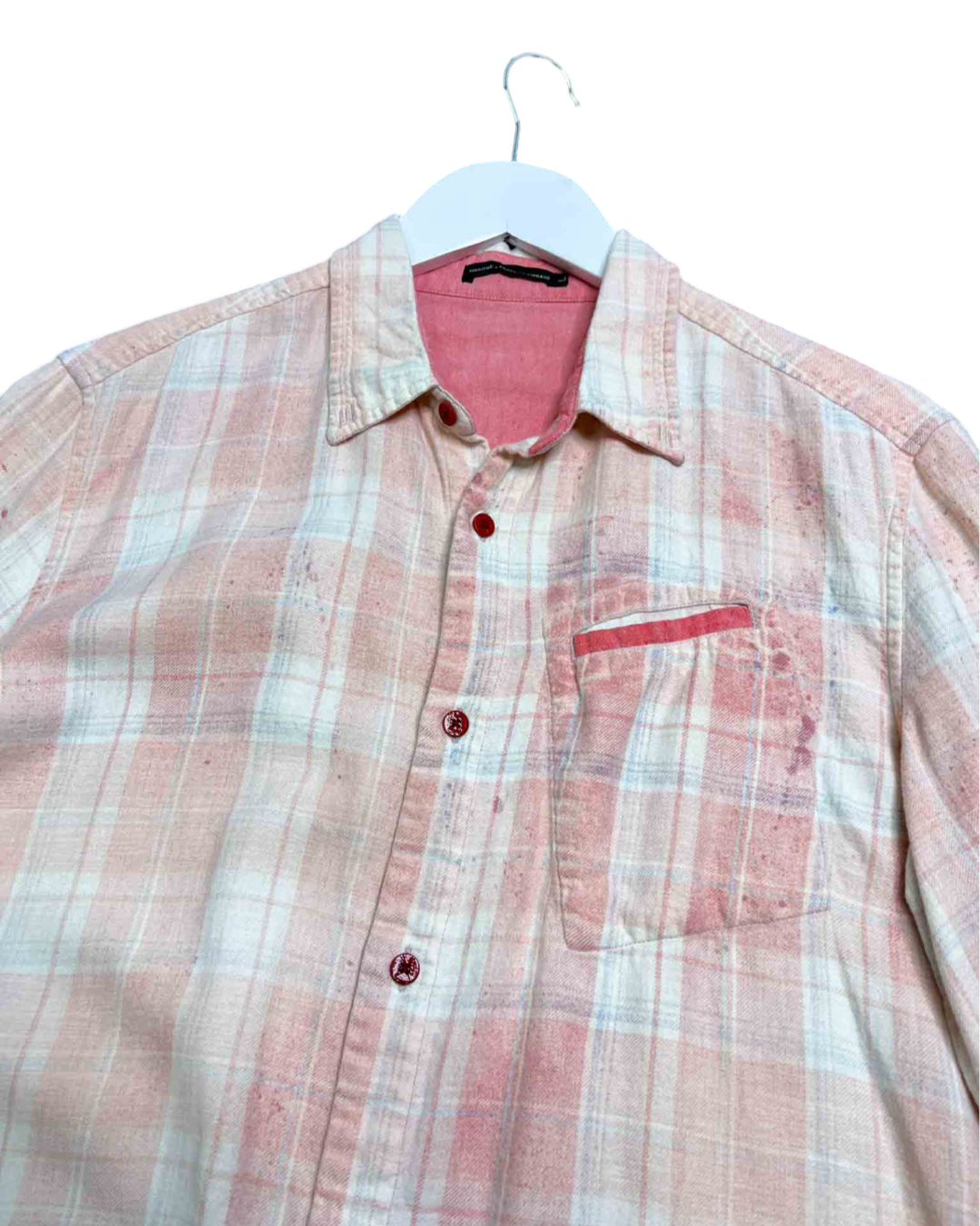 Size L | Marithe + François Girbaud Pink Plaid Splatter Faux Layers Shirt