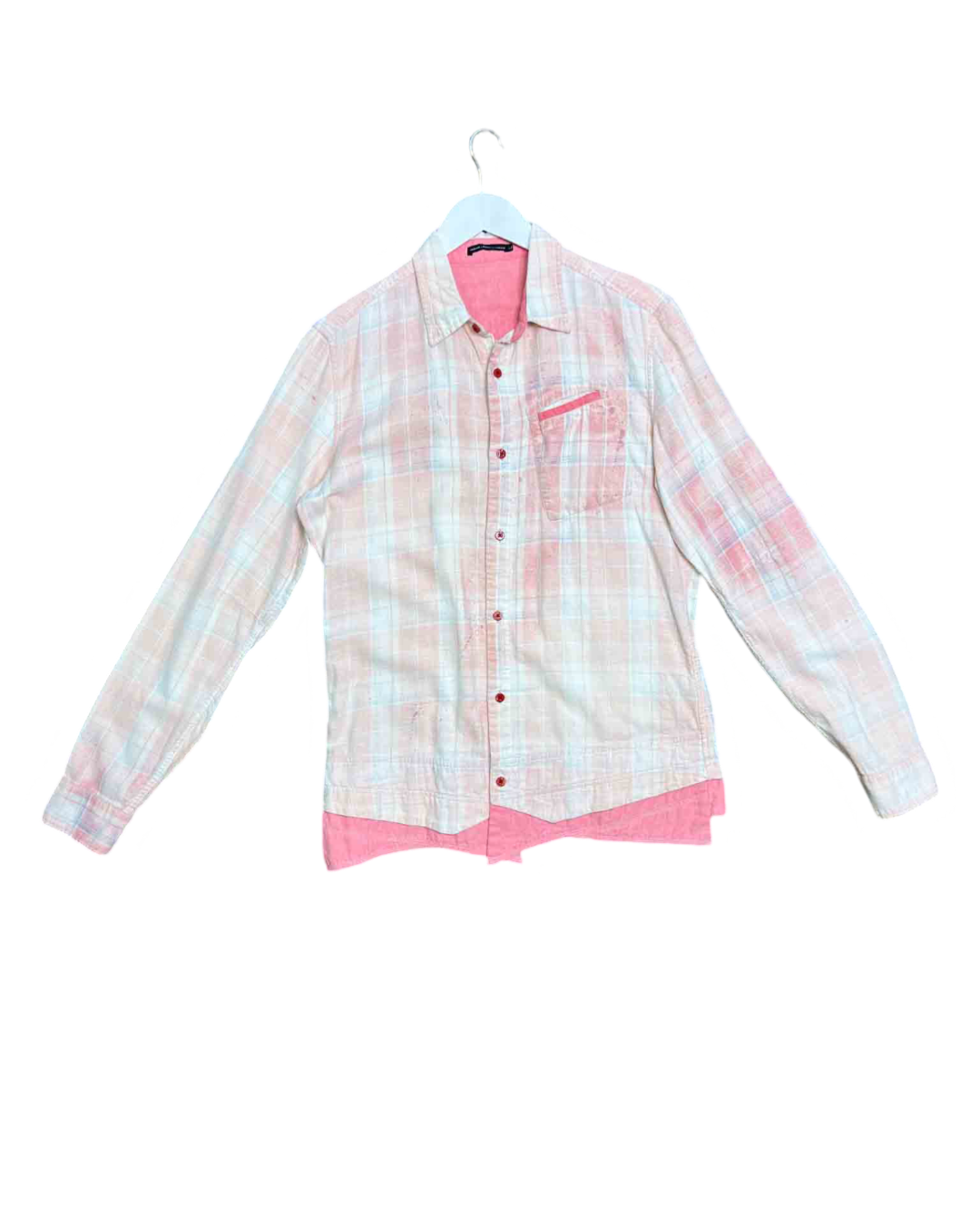 Size L | Marithe + François Girbaud Pink Plaid Splatter Faux Layers Shirt