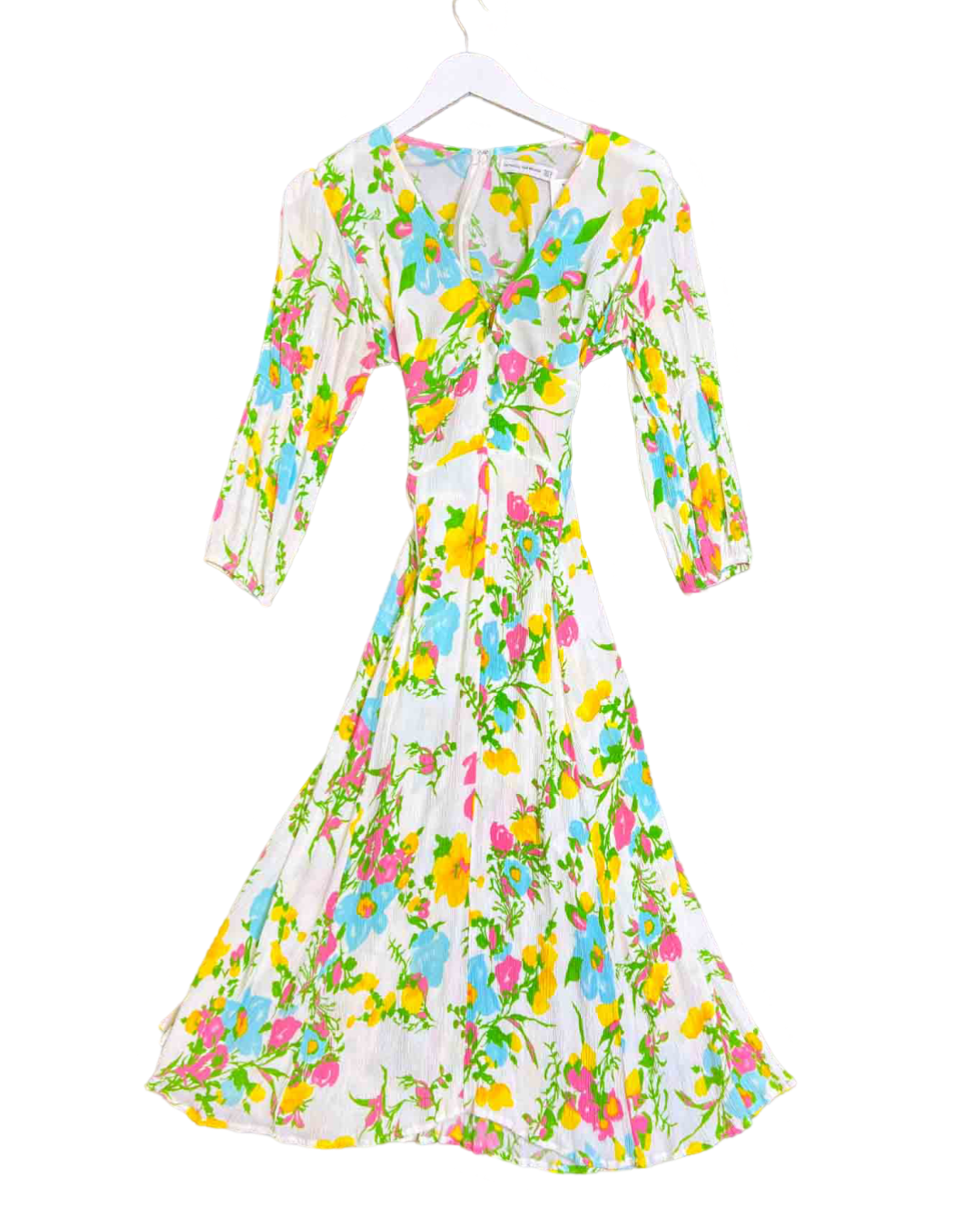 Size 12 | Faithfull the Brand White and Multicoloured Floral Crinkle Midi Dress